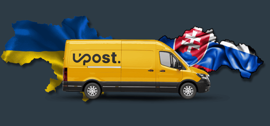 Žltá dodávka Upost medzi mapou Ukrajiny a Slovenska, symbolizujúca prepravu zásielok z Ukrajiny na Slovensko